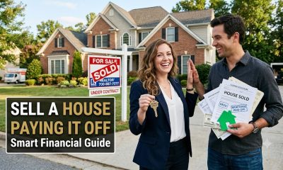 Young homeowner reviewing mortgage documents before listing a property for sale.